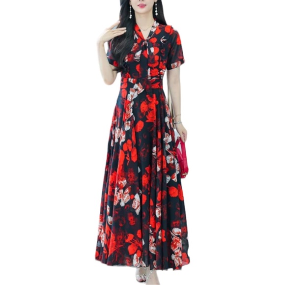 Red Black Floral Short Sleeve Tie Neck Maxi Dress size 14 NWT - Picture 1 of 11
